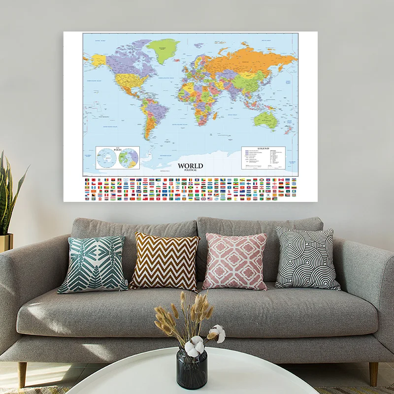 Póster grande con mapa del mundo en inglés, pintura en lienzo de tela no tejida, póster colgante de pared, suministros de estudio, decoración del hogar, 150x225cm