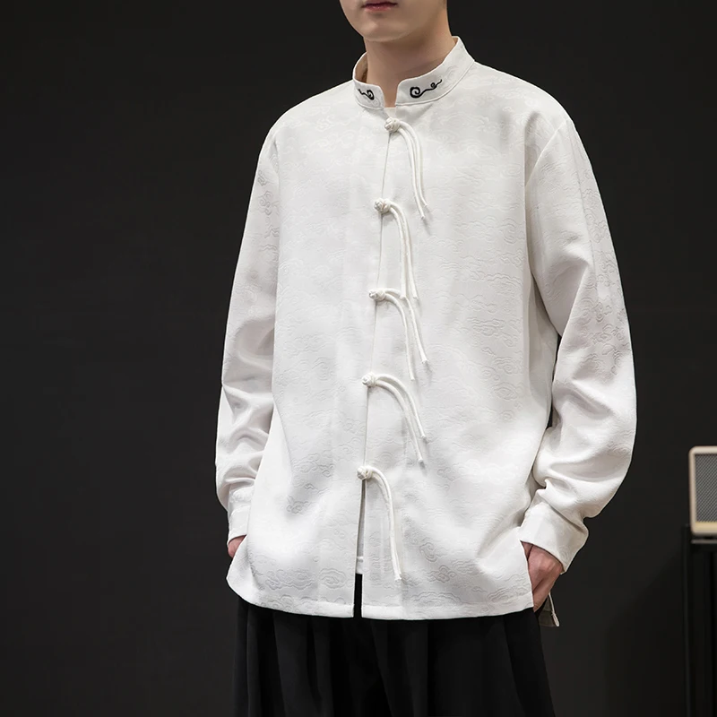 Oriental Embroidered Shirt Cloud Pattern Mandarin Collar Shirt with Frog Buttons Long Sleeve Vintage Top for Fall/Winter M-5XL
