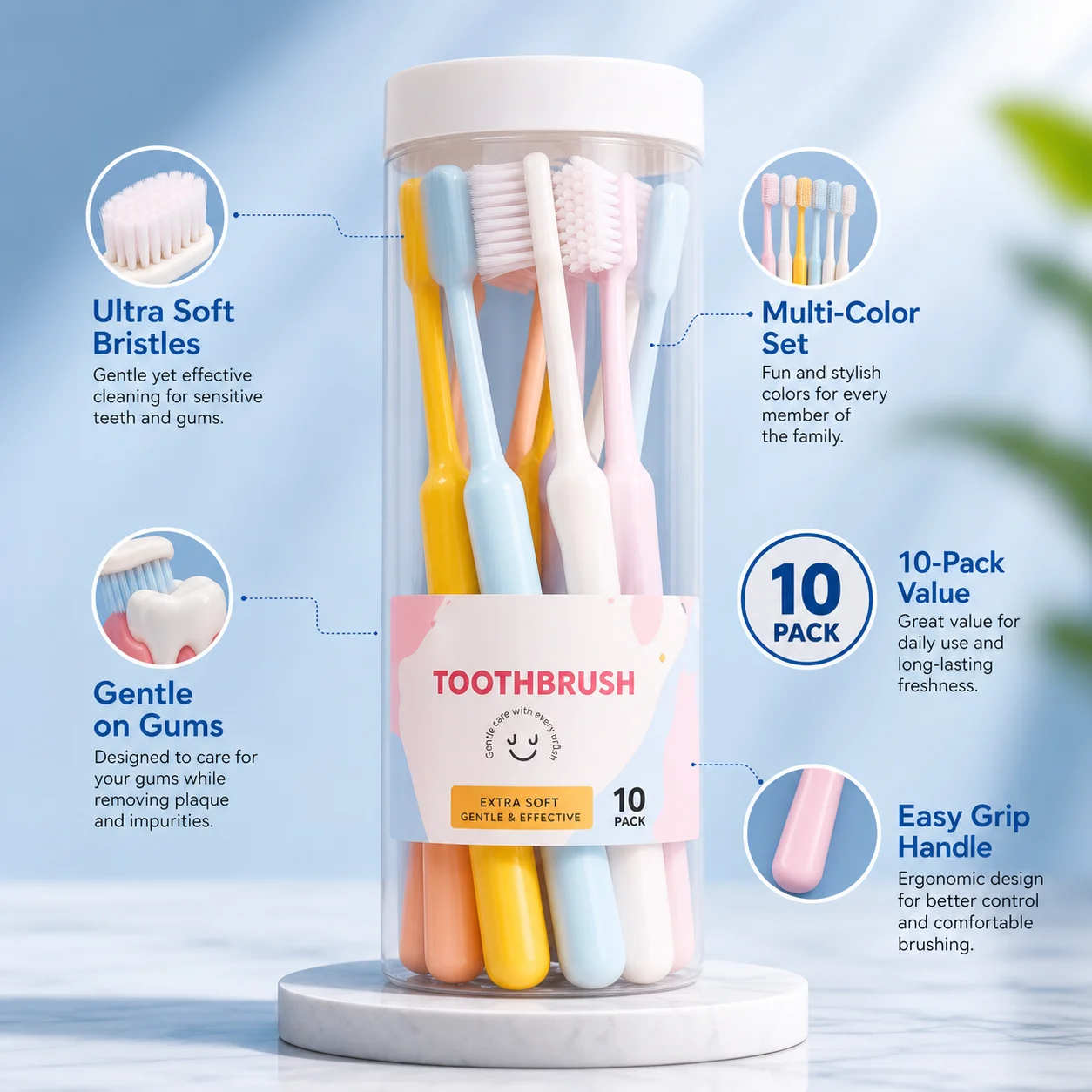 Toothbrush for Adult Wide Head Soft Bristle Macaron Series 10 Per Barrel Cost-effective