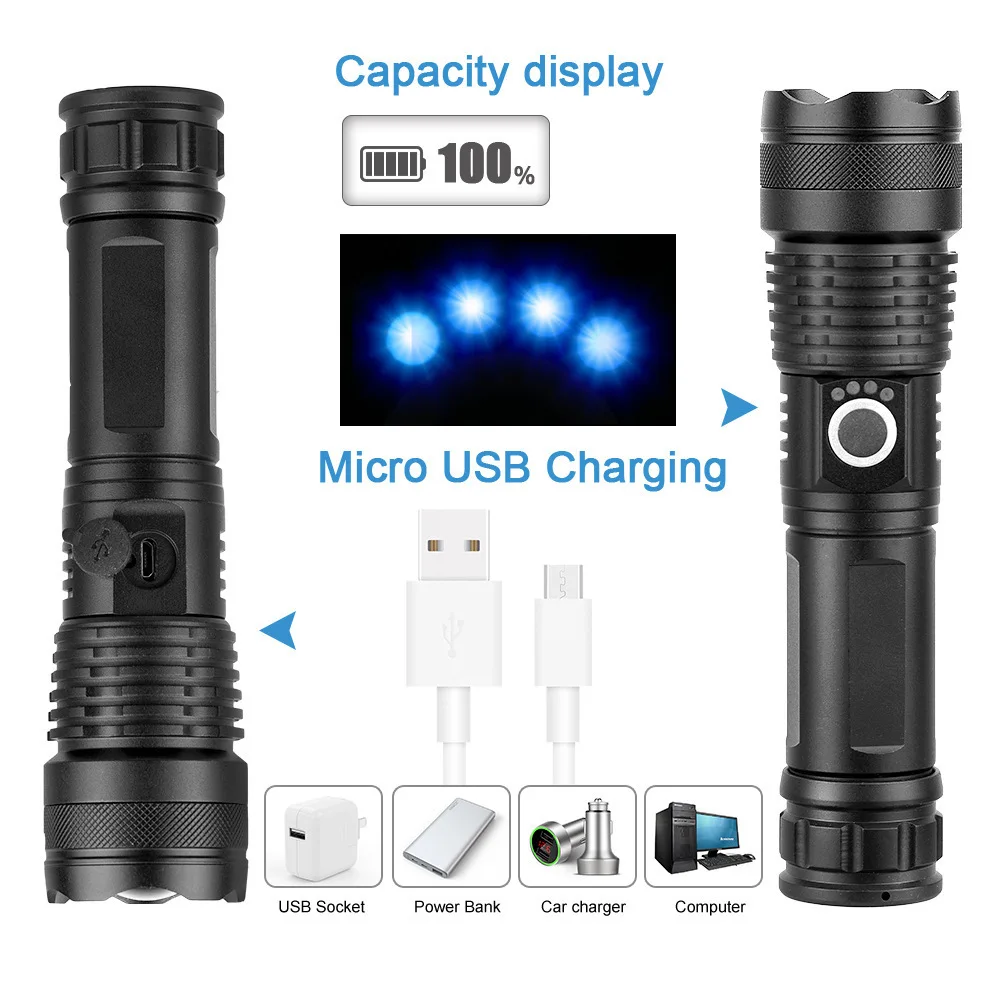 Xhp P50 Powerful Tactical Flashlight 2000LM Waterproof Torch self defense USB Rechargeable IPX65 18650/26650 Work Lamp Camp