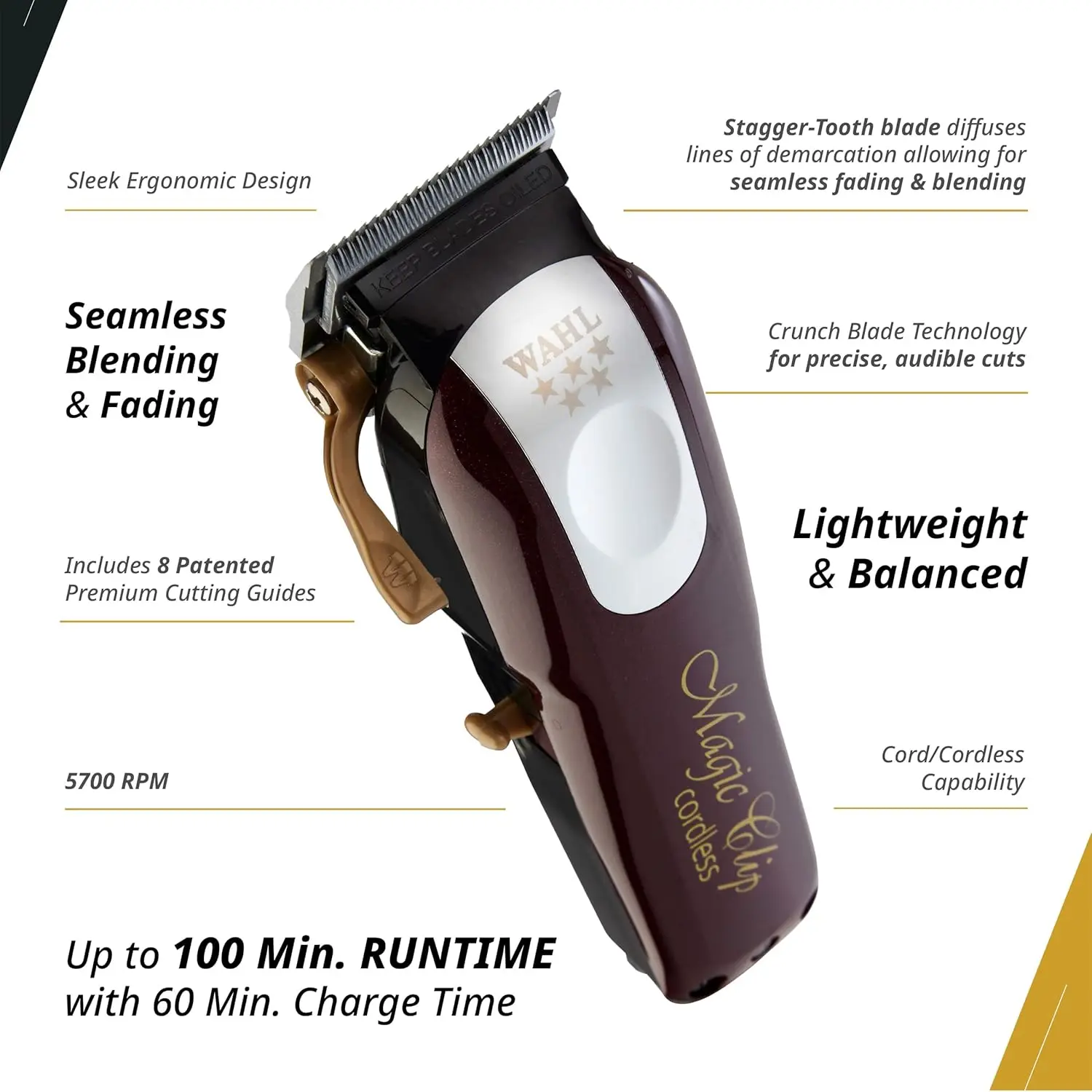 Professional 5 Star Series Magic Clip Cordless Hair Clipper, Stagger-Tooth Blade Professional Hair Trimmer with Attachments, 100