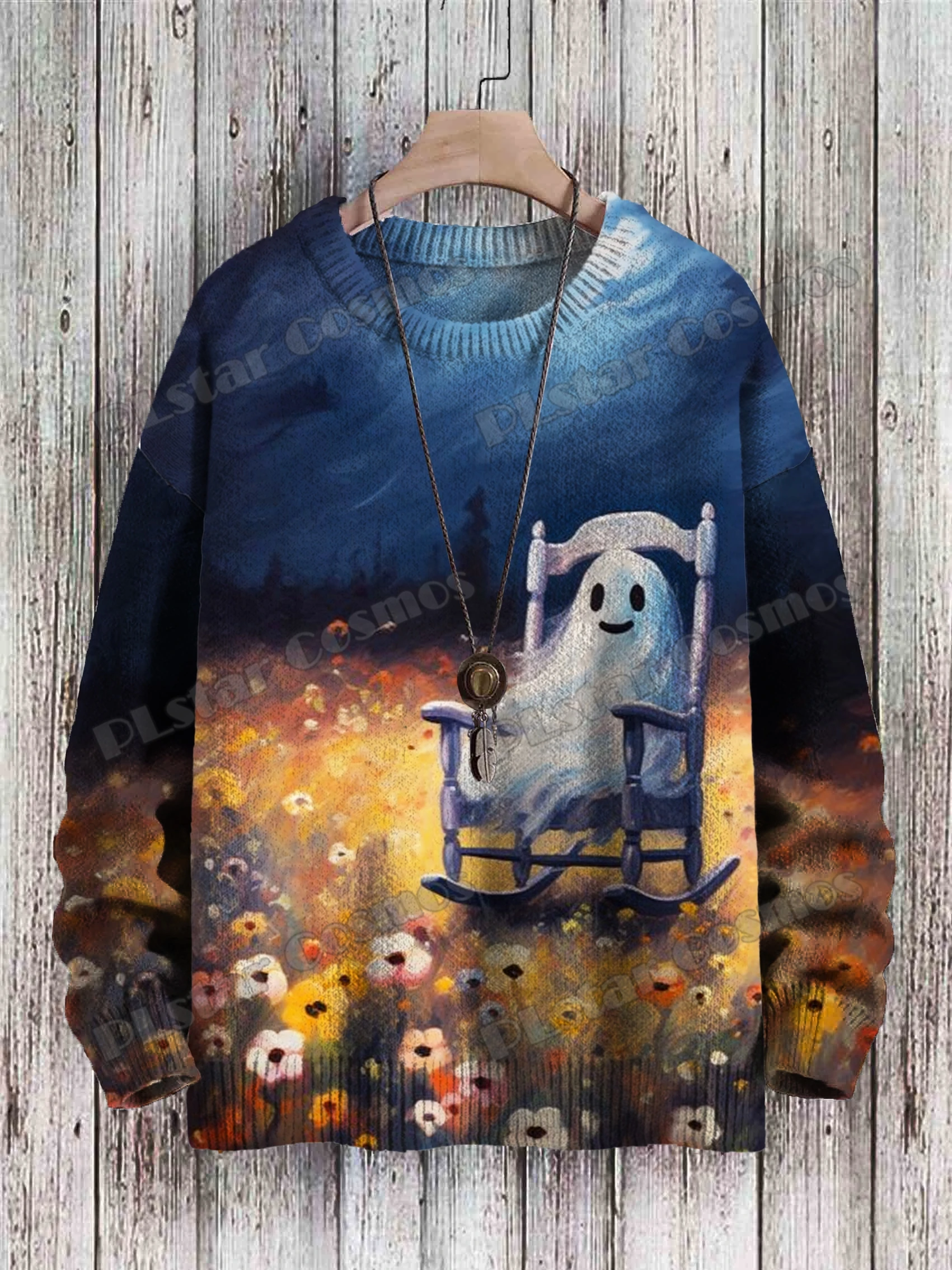 Halloween Ghost Swing & Pumpkin Cat Pattern 3D Printed Men's Knitted Pullover Winter Unisex Casual Knit Pullover Sweater ZZM58