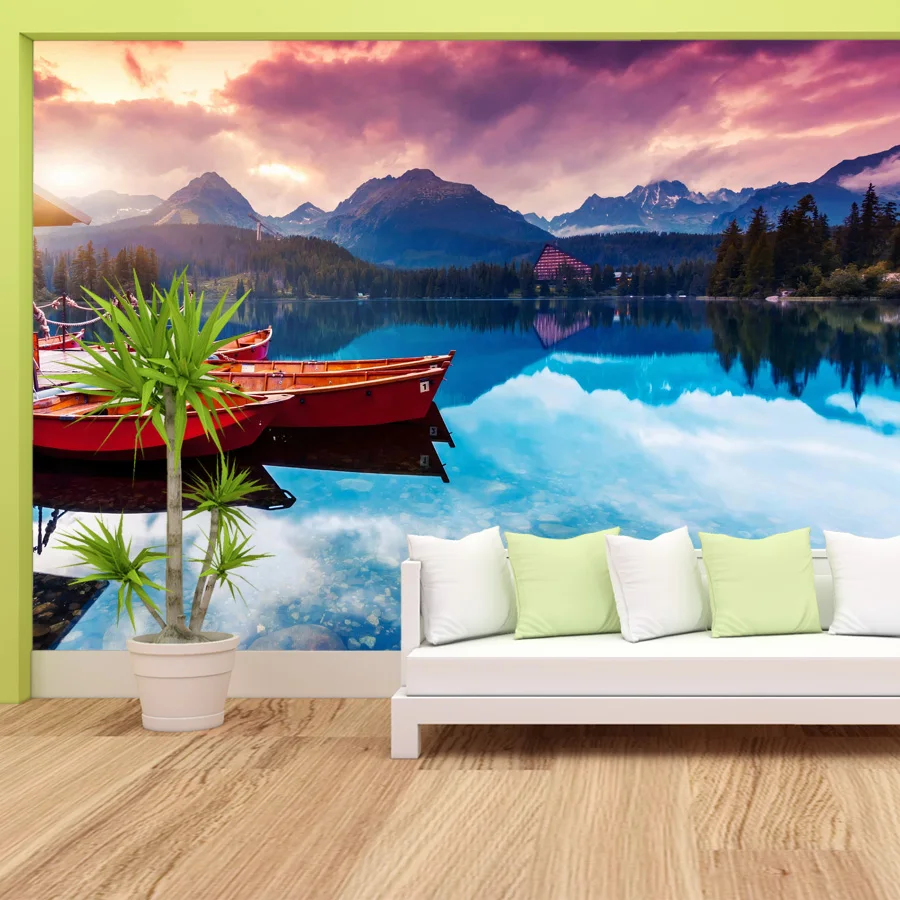 15+, Self Adhesive Optional, Waterproof Wallpaper for Living Room Lake Boat by Mountain Sunset Home Decor Walls Renovation Mural