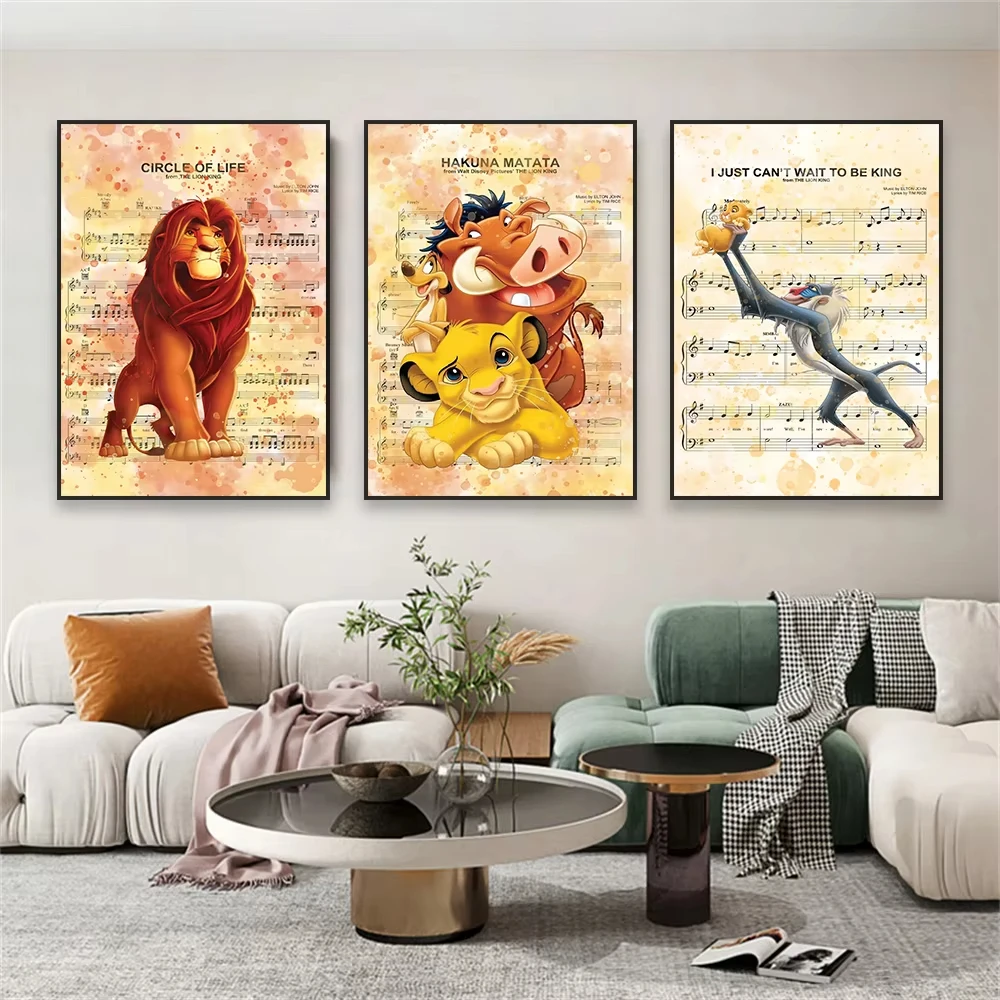 Póster de película de acuarela de Disney, el Rey León, Simba, Timon, Pumbaa, impresiones coloridas, partituras de Disney, pintura en lienzo, decoración de habitación