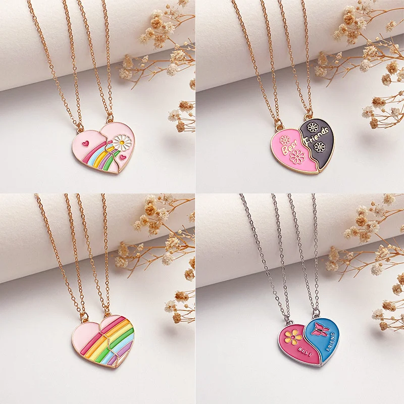 2 Pcs/Set Best Friends Pendant Necklace Broken Love Heart Women Chain Choke BFF Good Friendship Necklaces Jewelry Gifts for Kids