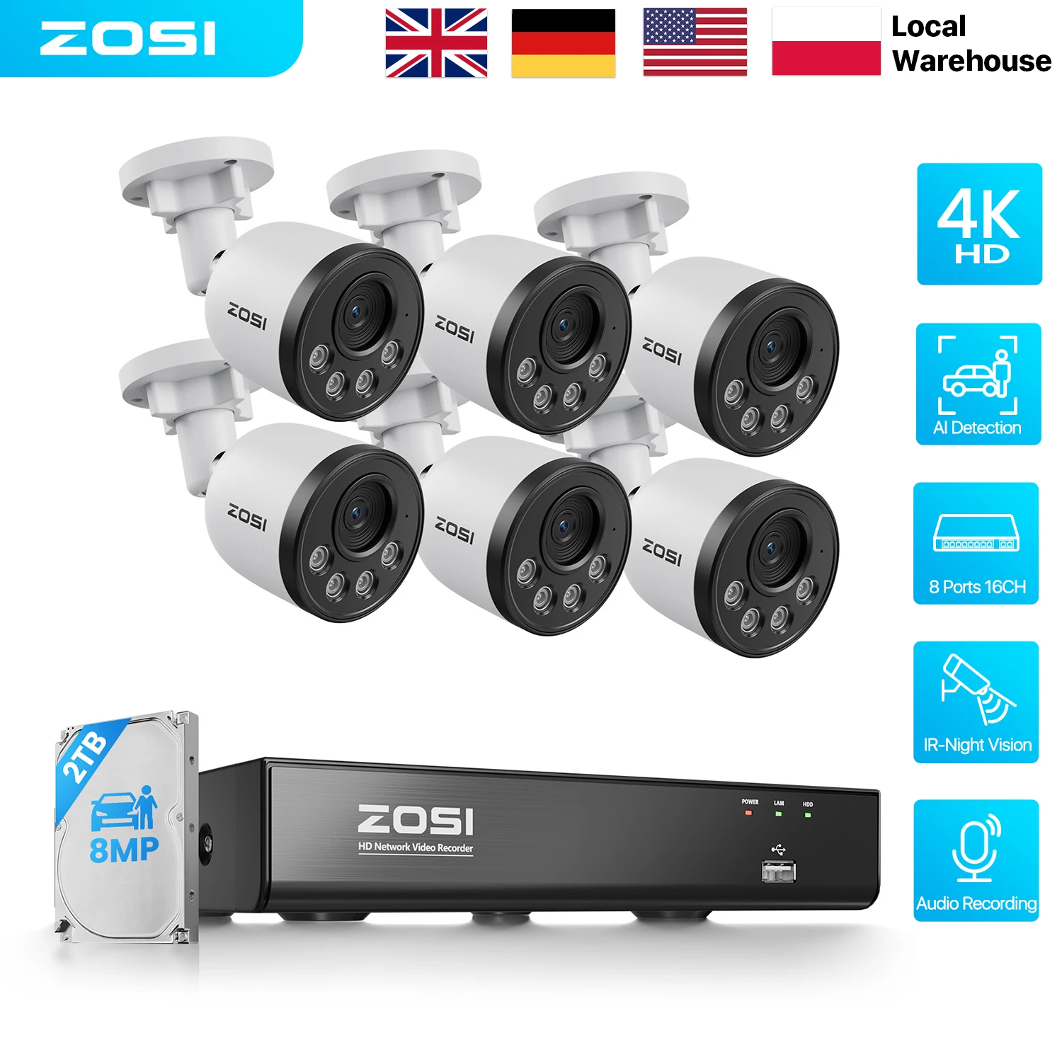 

ZOSI C180 4K PoE CCTV Camera System 8MP HD IP Cameras Outdoor Indoor Audio Recording 8CH NVR(16CH Expandable) Video Surveillance