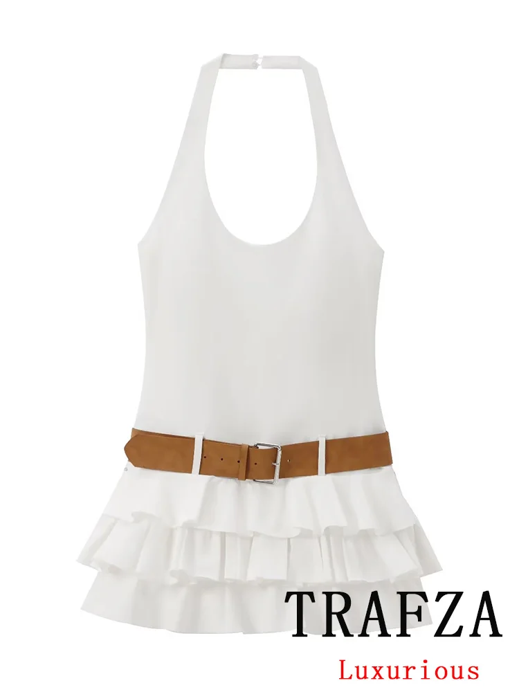 

TRAFZA Vintage Casual Chic Women Dress White Solid Sleeveless Halter Zipper Belt Folds Short Vestidos Fashion 2024 Summer Dress