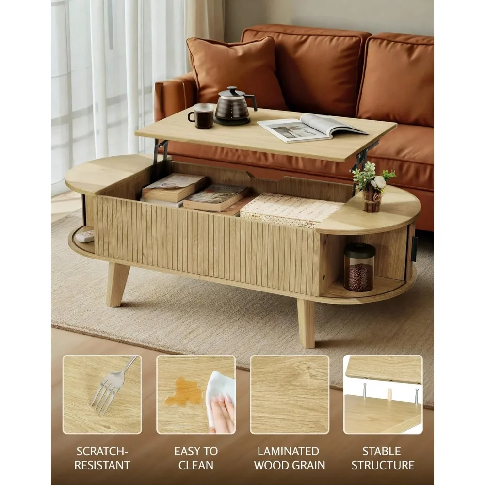 Mesa de centro moderna de madera estriada con almacenamiento superior elevable, muebles de sala de estar de 47,2 pulgadas, 180 °   Parte superior deslizante para versatilidad