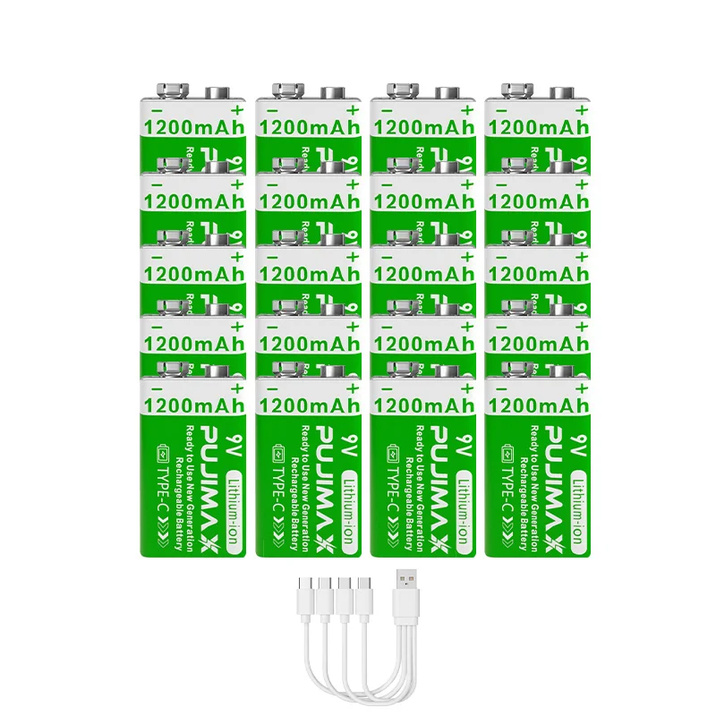 PUJIMAX 9V 1200mAh Hochleistungs-USB-C Lithium-Ionen-Akku Wiederaufladbare Batterie mit Typ-C-Kabel für Spielzeug Fernbedienung Kamera