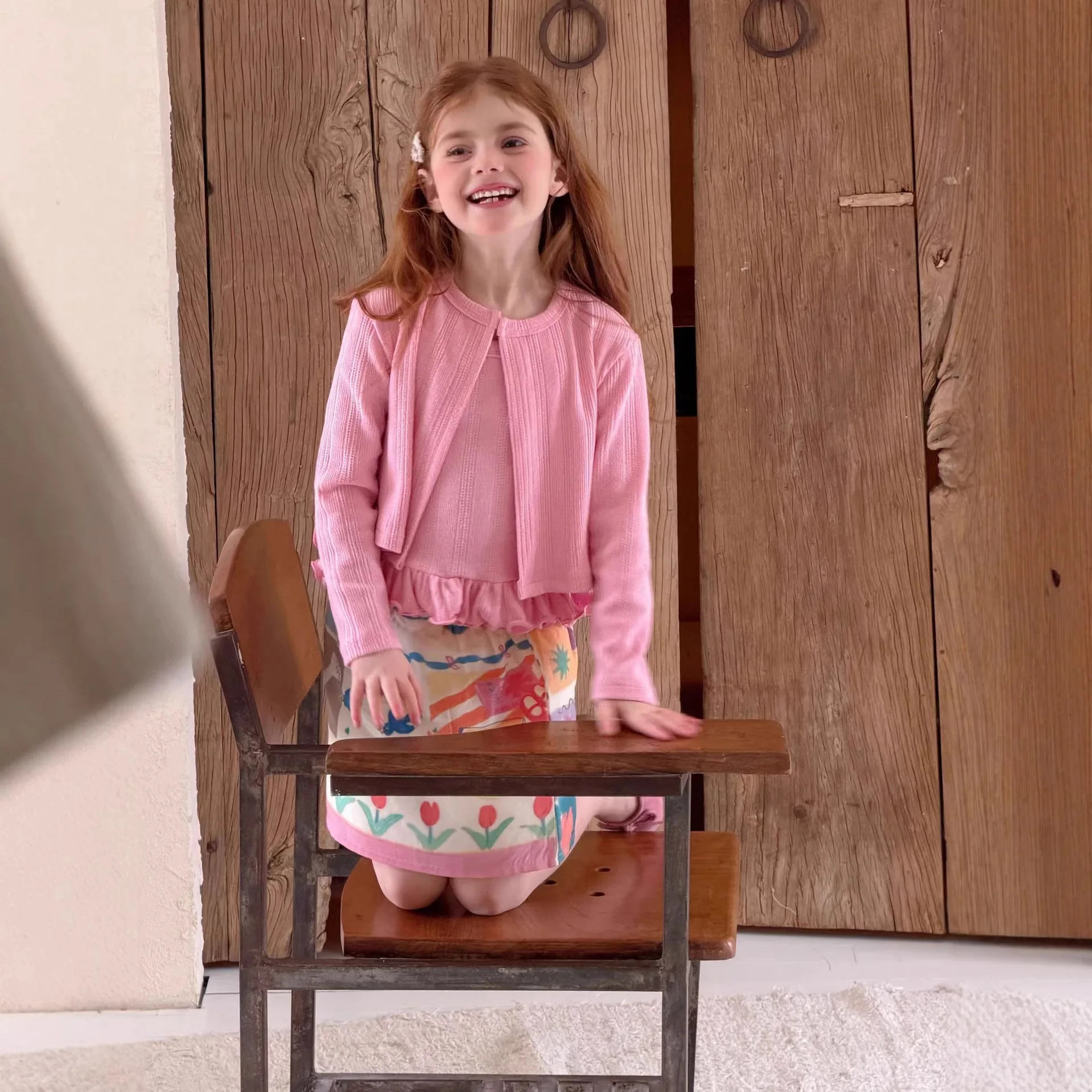 

Girls Pink Cardigan Set 2026 Spring Summer New Girls Solid Ruffled Suspender Top and Long Sleeve Cardigan Two Piece Set