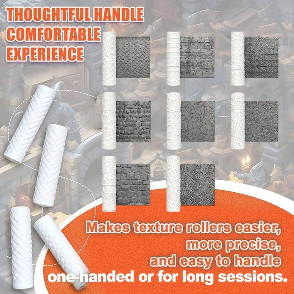 Texture Roller Kit for Clay Work Featuring 8 Unique Patterns and Comfort Grip Handle for Consistent Embossing Results