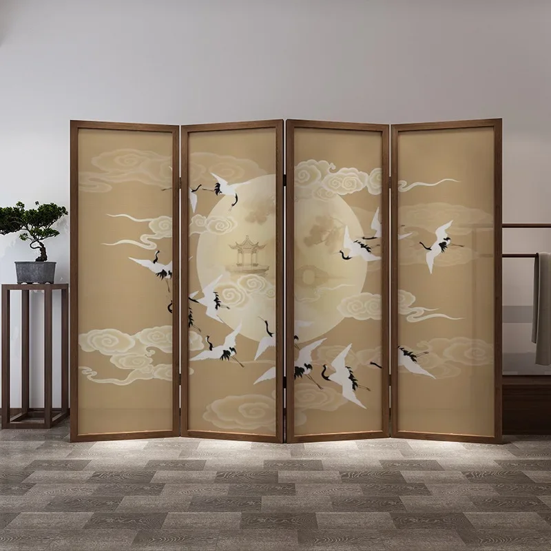 New Chinese-style screen folding partition living room solid wood entrance office mobile hotel tea room crane entry folding scre
