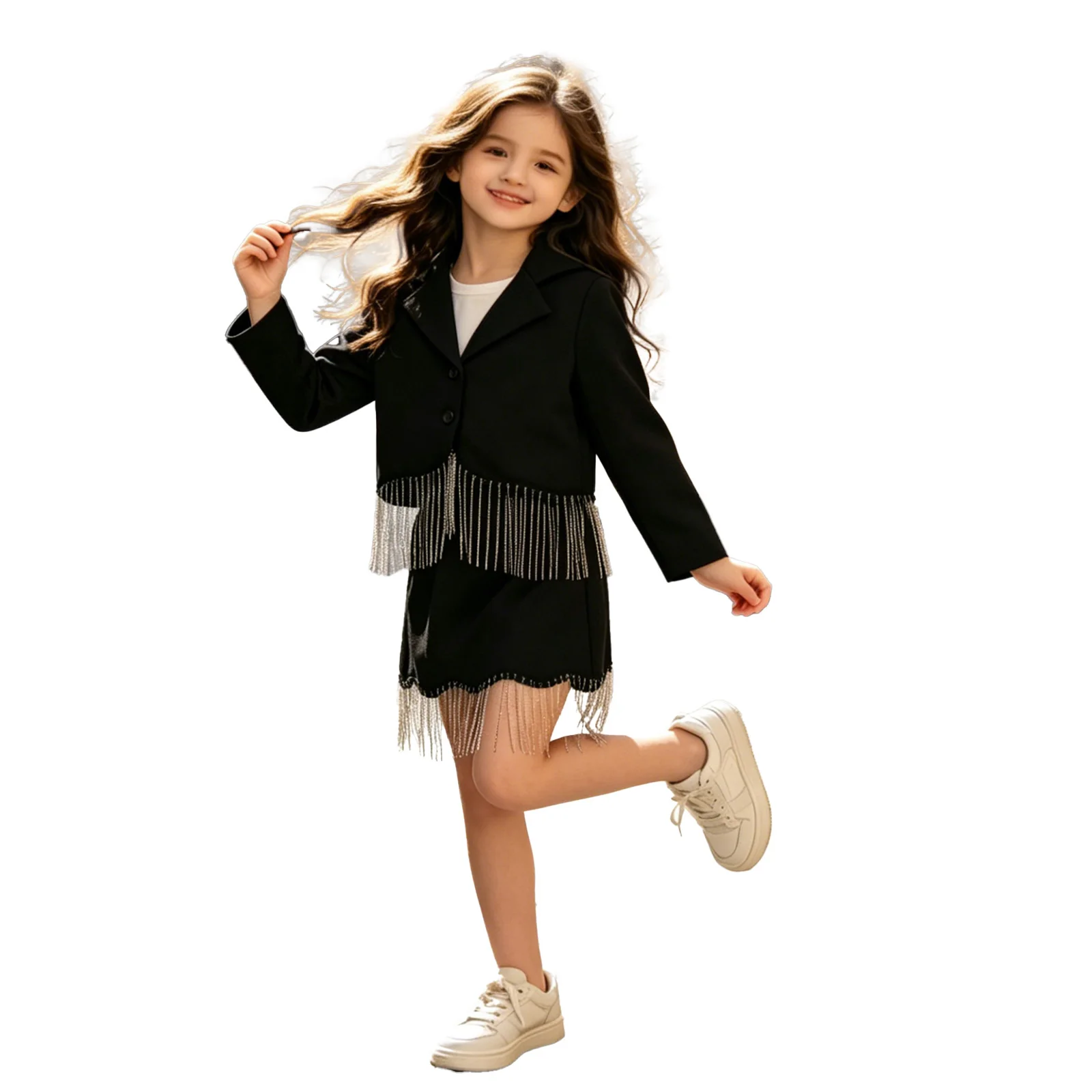 Kids Girls Shiny Beaded Tassels Long-sleeve Blazer Jacket And Skirt Children's Sets for School Dancing Birthday Party Daily Wear