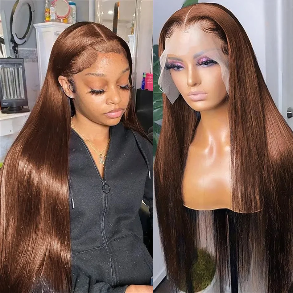 Bone Straight Chocolate Brown Lace Front Human Hair Wigs Pre Plucked Dark Brown 13x4 13x6 HD Lace Frontal Wig For Black Women