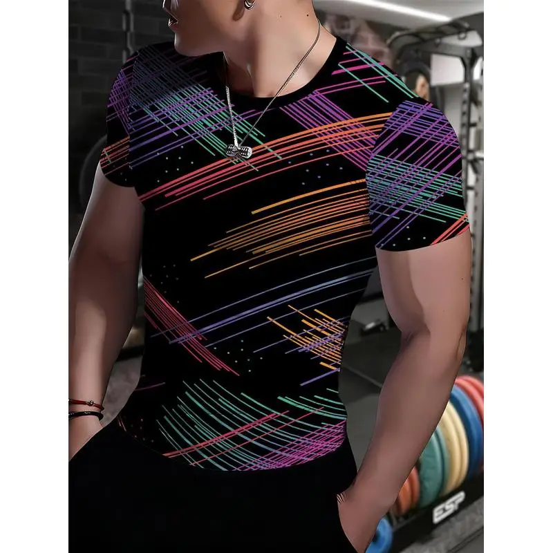 Breathable Moisture Wicking Men's Sports T Shirt European American Style Printed Stretchy Body Hugging Muscle Defining Fitness