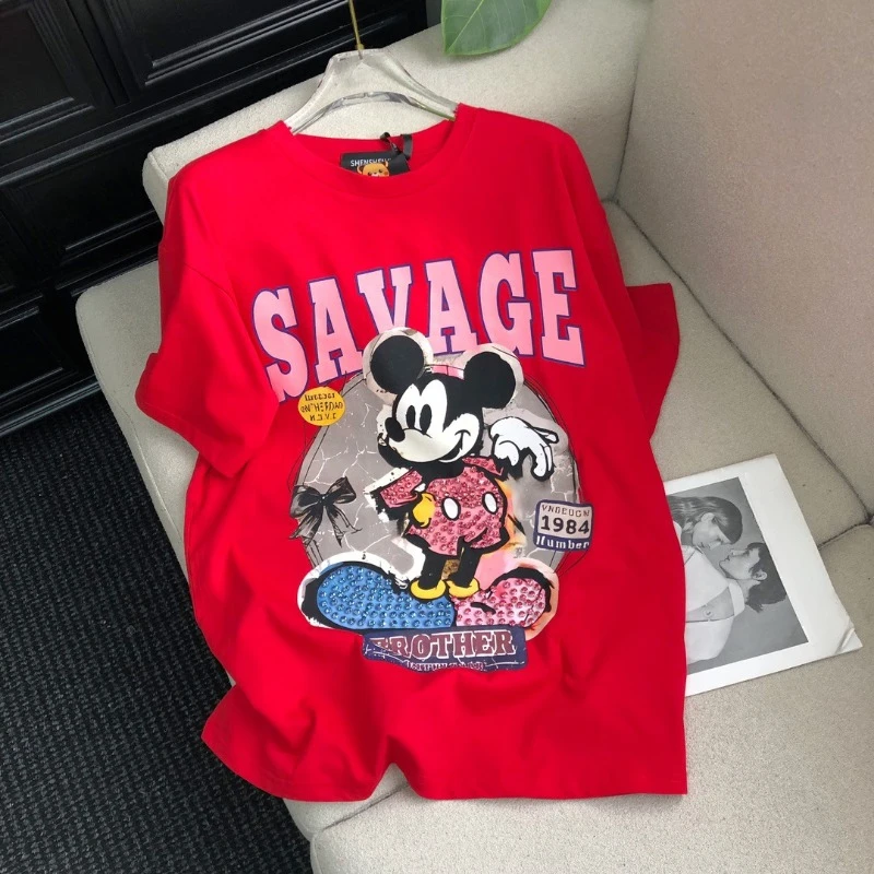 2025 الصيف الأمريكية العصرية العلامة التجارية تيز فضفاضة عادية الكرتون الجبهة الخلفية الطباعة الرجال والنساء البلوز قصيرة الأكمام تي شيرت