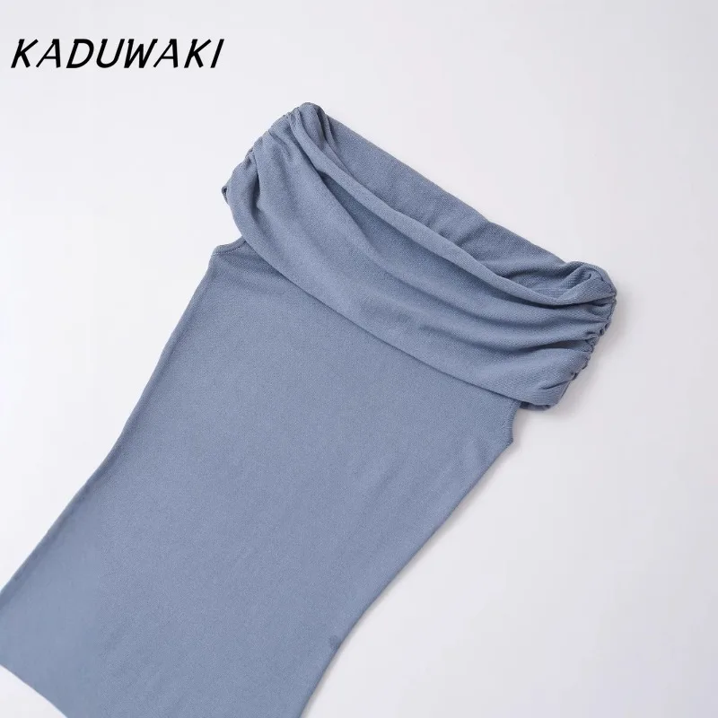 KADUWAKI Elegant  Women Blue Gray Sexy Off Shoulder Plain Knit Robe Short Sleeve Bodycon Midi Dress Fitted Vestidos فساتين ٢٠٢٢