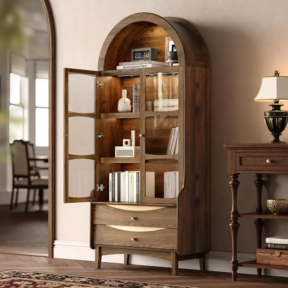 

74 Arched 4-Tier Bookshelf with LED Lights, Glass Doors & Walnut Finish for Living/Dining Rooms