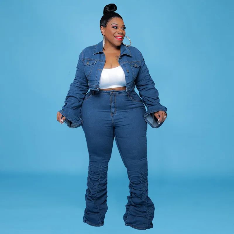 

Denim Pant Set Women Two Piece Sets Turn Down Collar Full Sleeve Coat Stacked Pants Slim Fit Casual Y2k Streetwear Summer 2026