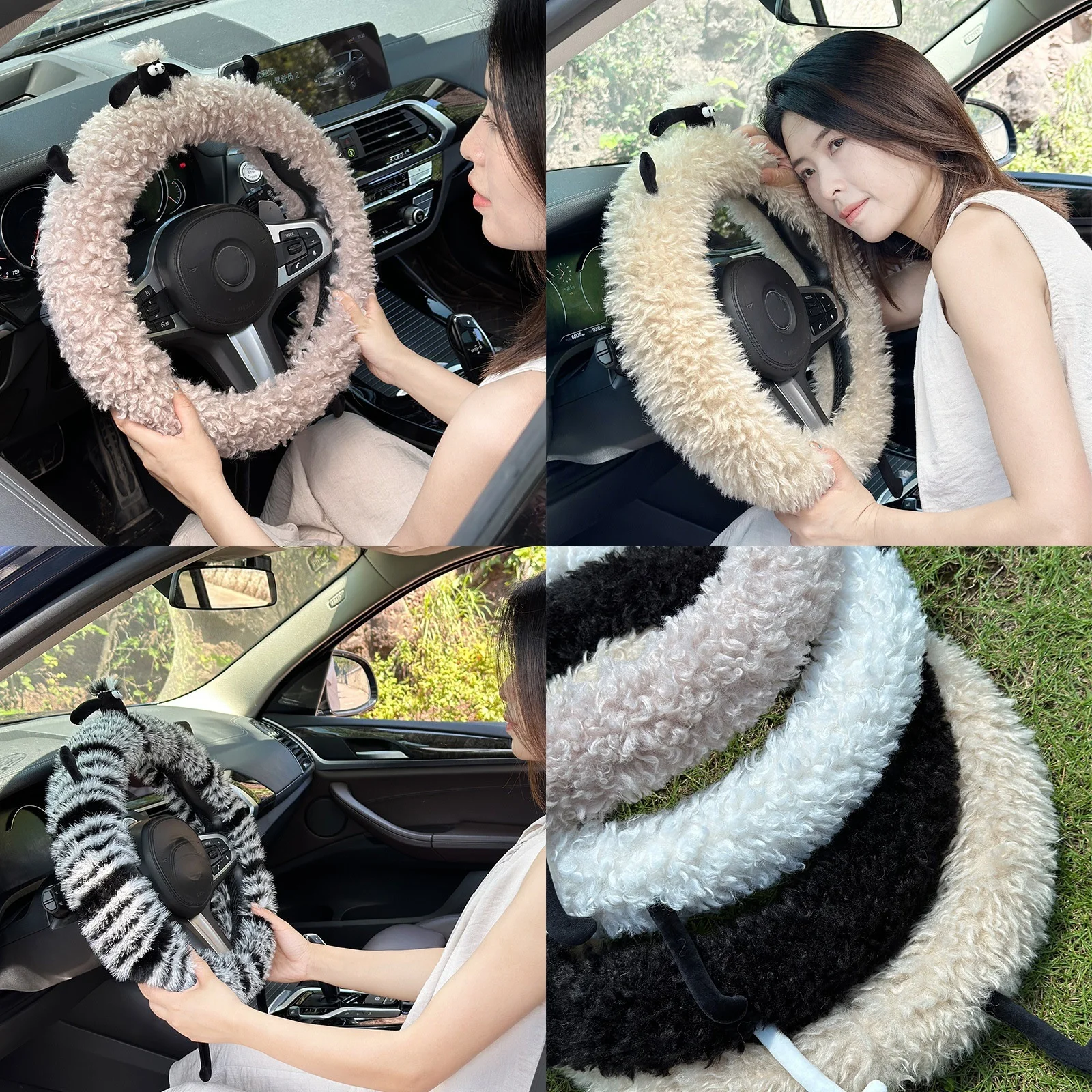 

Winter Cartoon Plush Car Steering Wheel Cover Universal Women Warm Anti-Slip Gloves