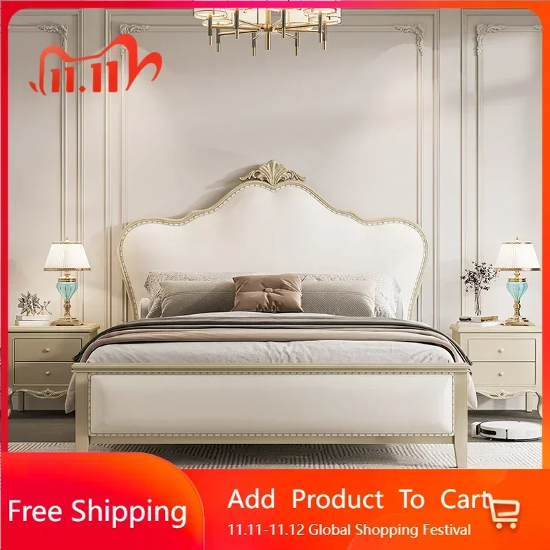 Aesthetic Wood Princess Bed Elegant Leather Luxury Storage Double Bed Modern Villa Princess Letto Matrimoniale Trendy Furniture