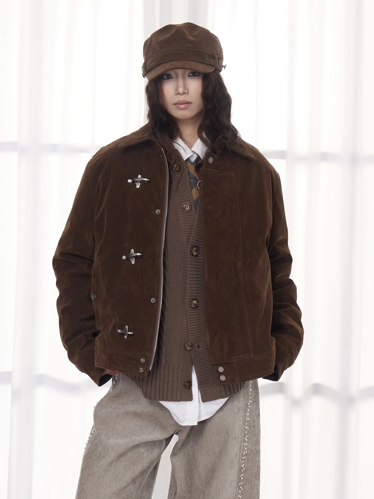 

Thiened American Retro Suede Plane Bule Jaet Warm Coat for Men And Women New Cotton Clothes Youth Casual Long Sve