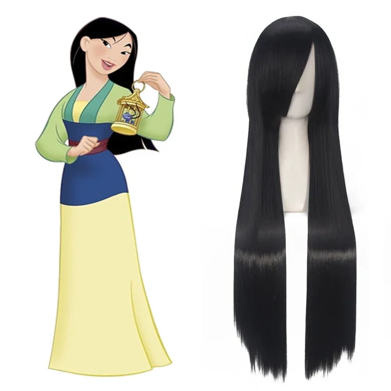 Peruca Mulan Cosplay para mulheres e meninas, cabelo sintético reto longo, boné preto, princesa