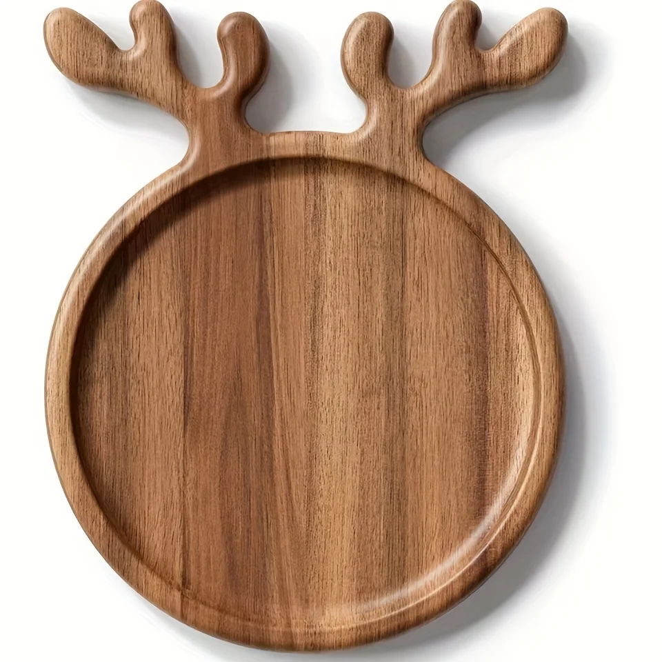 A Christmas Reindeer Horn Arabic Wood Multifunctional Tray, Suitable For Afternoon Tea, Dinner, And Family Gatherings, Polished