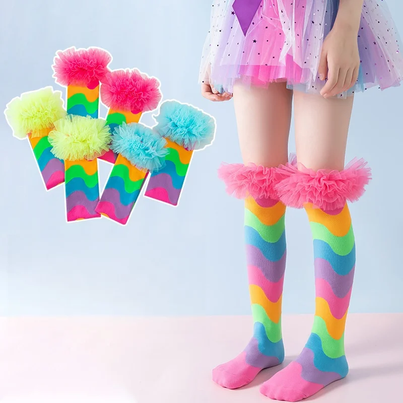 Autumn 3-12Y Kids Rainbow Wave Pattern Long Socks Tulle Lace Trim Over-the-Calf Socks Party Cosplay Baby Girls Stockings