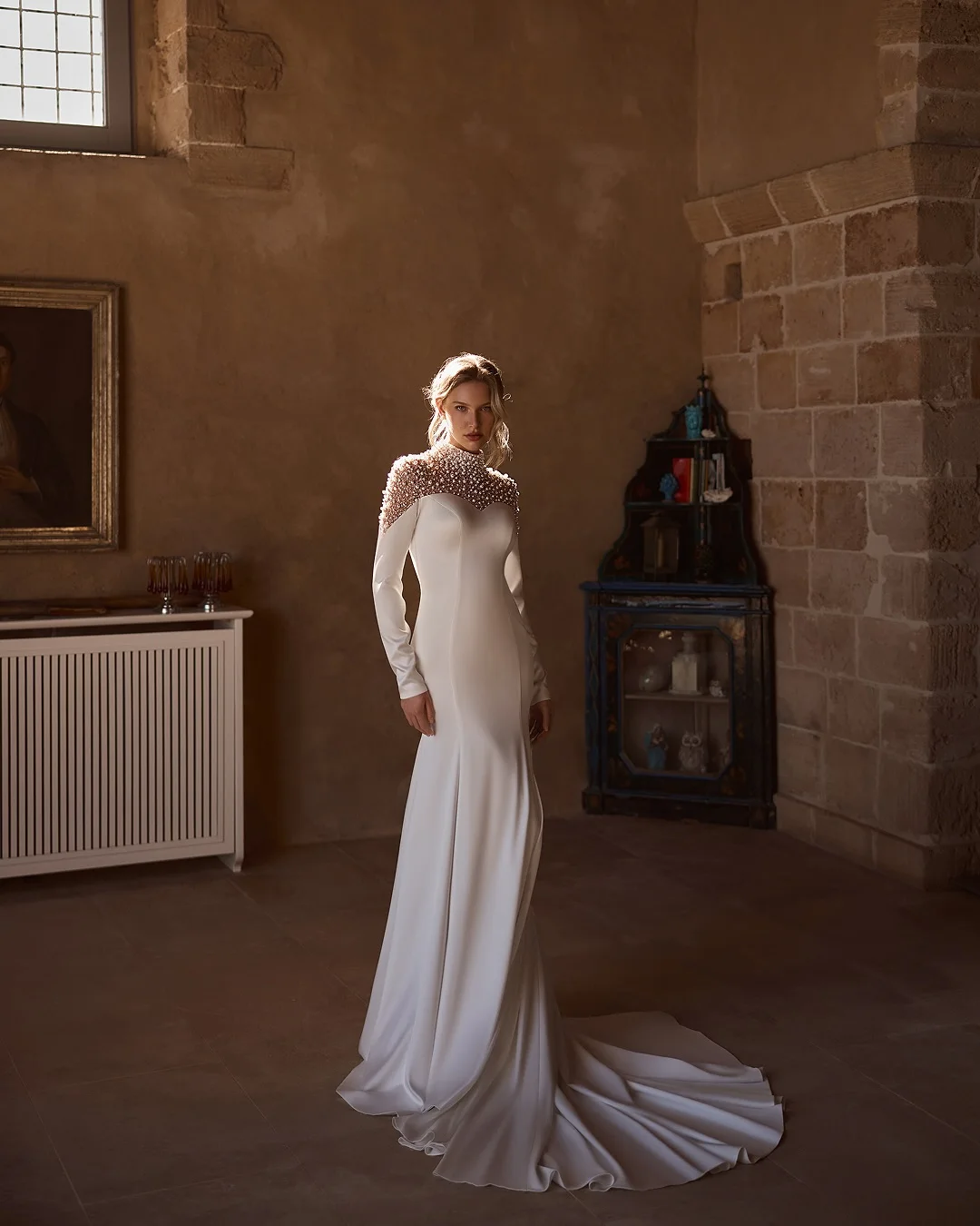 Modern High Neck Wedding Dress Sweep Train Long Sleeves Mermaid Bridal dress For Wedding Backless Vestidos De Novia Customized