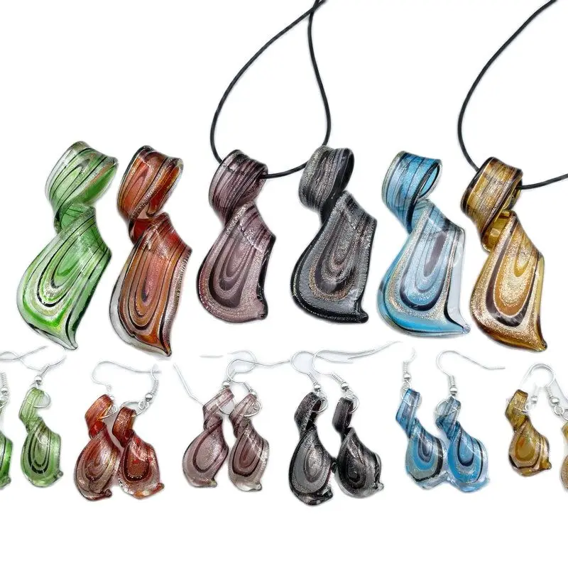 1 Sets Spiral Murano Lampwork Glass Necklace Earring Jewelry SetChinese Style Retro Handmade Personality Pendant