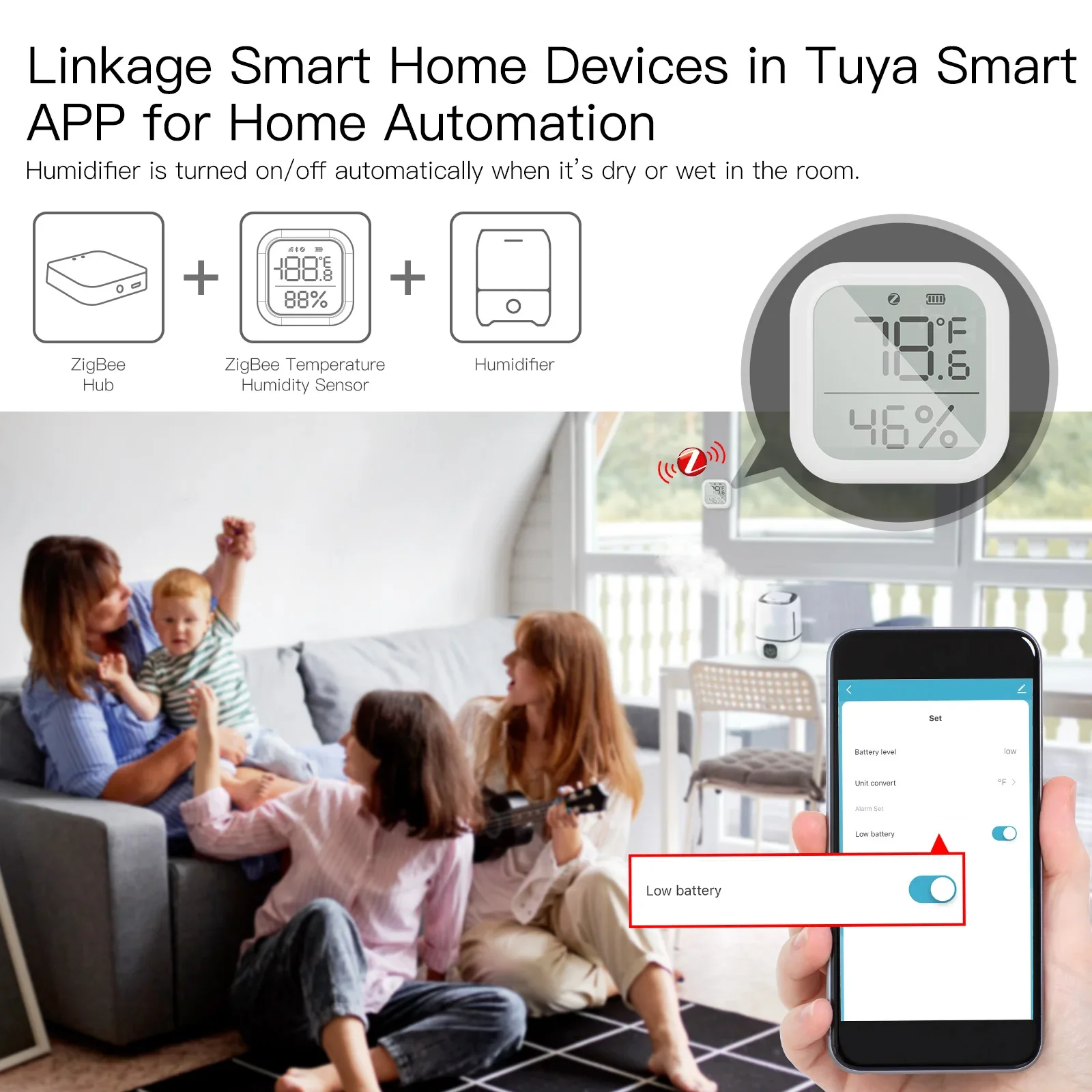 MOES Tuya ZigBee-Sensor inteligente de temperatura y humedad para el hogar, con pantalla LED, funciona con el asistente de Google y Tuya Zigbee Hub