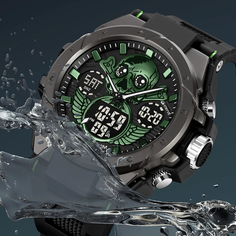 New STRYVE Watch for Men Fashion Skull Design Digital-Analog Dual Display Watches Calendar Week Multifunction Watches S8008