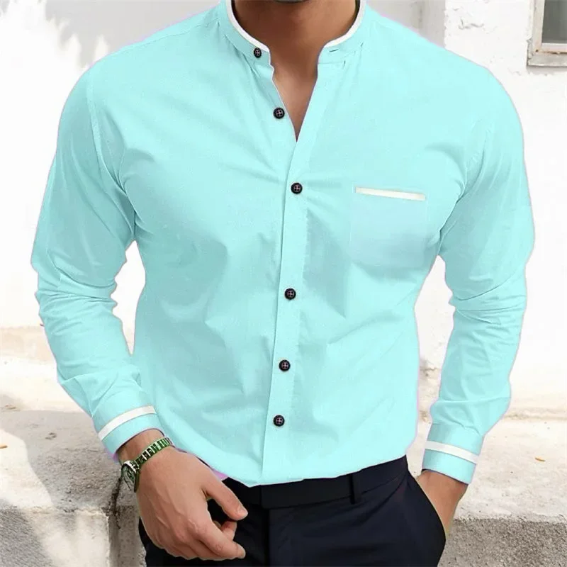 New men\'s standing collar long sleeved shirt with pink, grey, blue solid color pocket shirt, fashionable, comfortable, casual, b