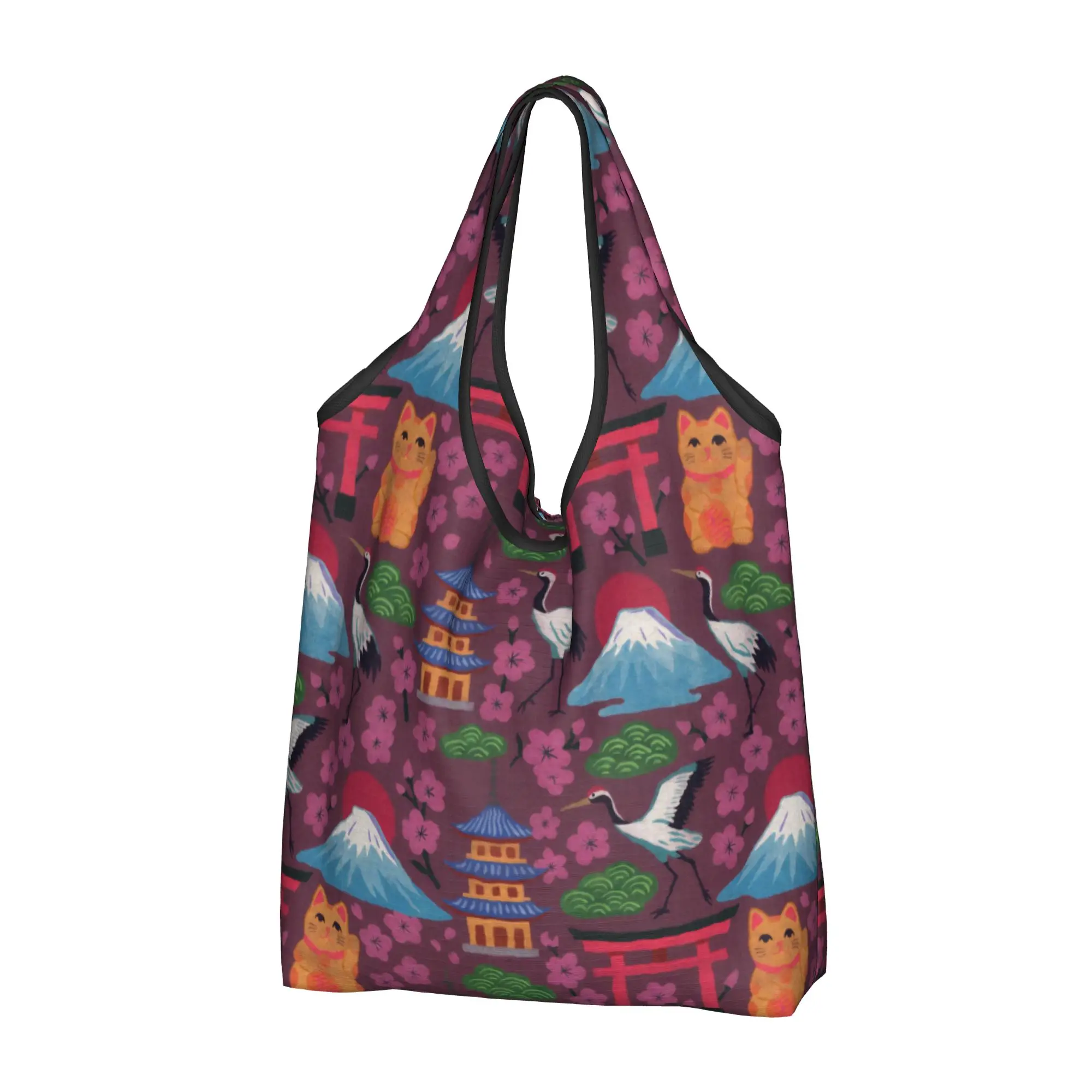 Cranes and Sakura Cherry Blossom  Groceries Shopping Bag Kawaii Shopper Tote Shoulder Bag Maneki Neko Lucky Cat Fuji  Handbag