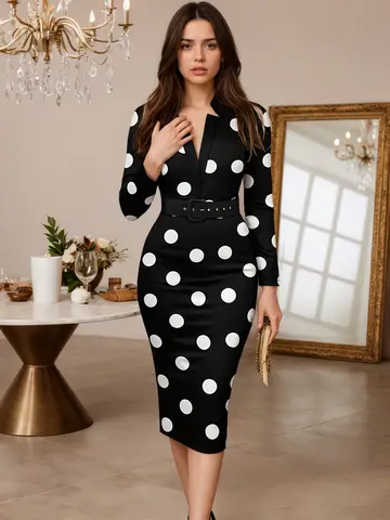 महिलाओं की नई काले और सफेद पोल्का डॉट टाइट पेंसिल स्कर्ट (बेल्ट के साथ), वी-गर्दन लंबी आस्तीन लोचदार स्लिम फिट मध्य लंबाई पोशाक 6 best sales पोल्का डॉट ड्रेसेस - №4