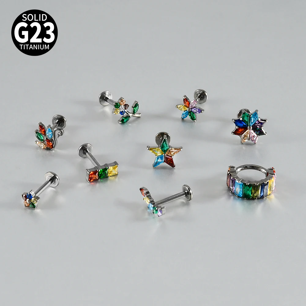 1pcs G23 Titanium Colorful Rainbow Zircon Ear Tragus Cartilage Helix Daith Piercing Stud Earring Internal Thread Labret Piercing