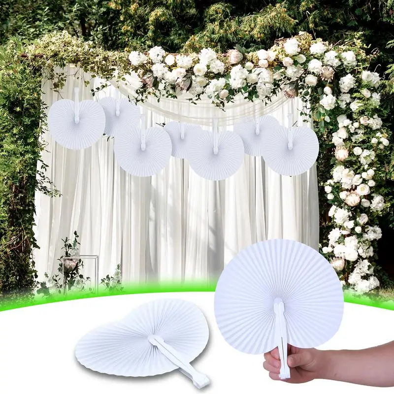 White Folding Fans Heart Shaped Fan Round Accordion Paper Fans Wedding Celebration Party Decoration DIY Painting