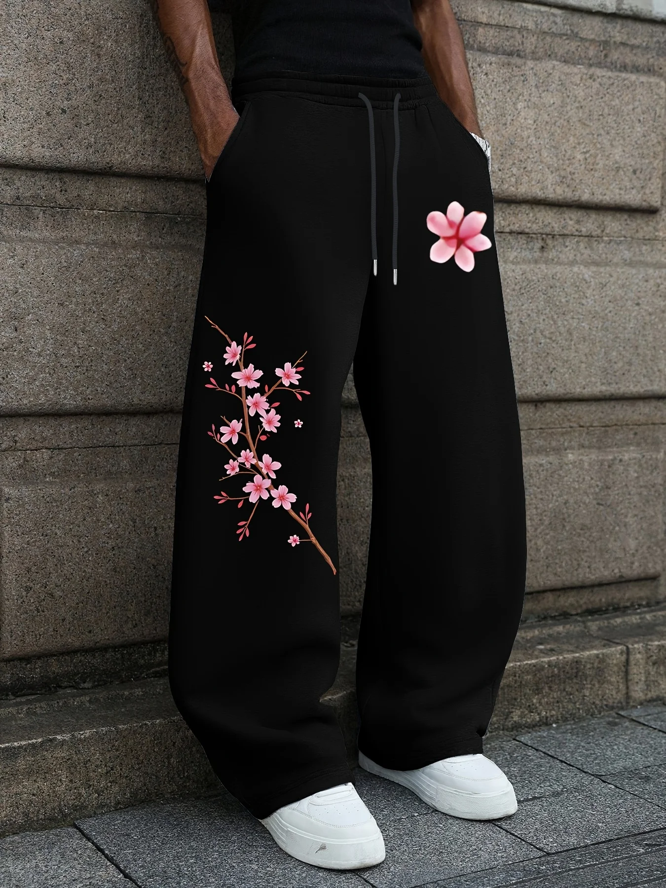 Japanese Romantic Sakura Print Straight Sweatpants Unisex Streetwear Trendy Pants S-3XL