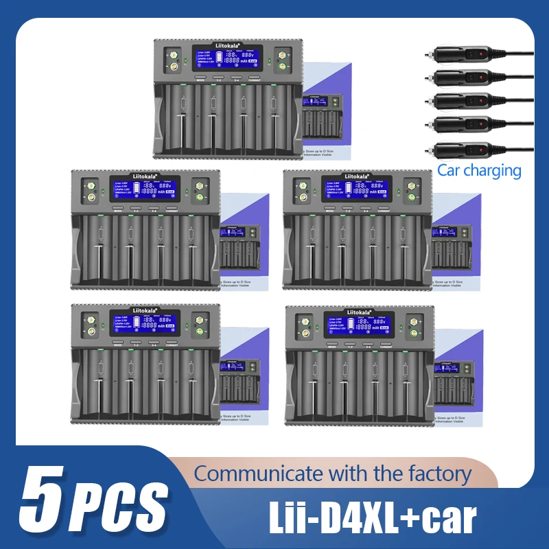 

5PCS LiitoKala Lii-D4XL+car Smart Charger for 26650 18650 21700 18500 16340 32700 AA AAA C SC 3.7V 1.2V 3.2V Lithium NiMH