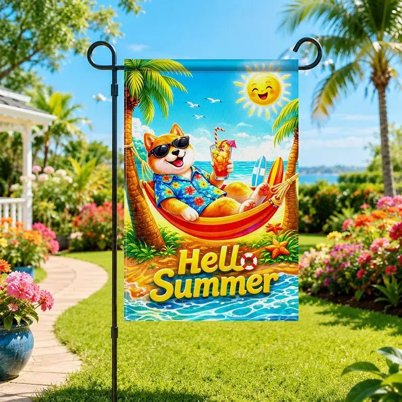 IVN Hello Summer Garden Flag Shiba Inu Dog Flag 12x18 Inch Double Sided Summer Dog Garden Flag Beach Hammock Sea Beach Seaso jjp