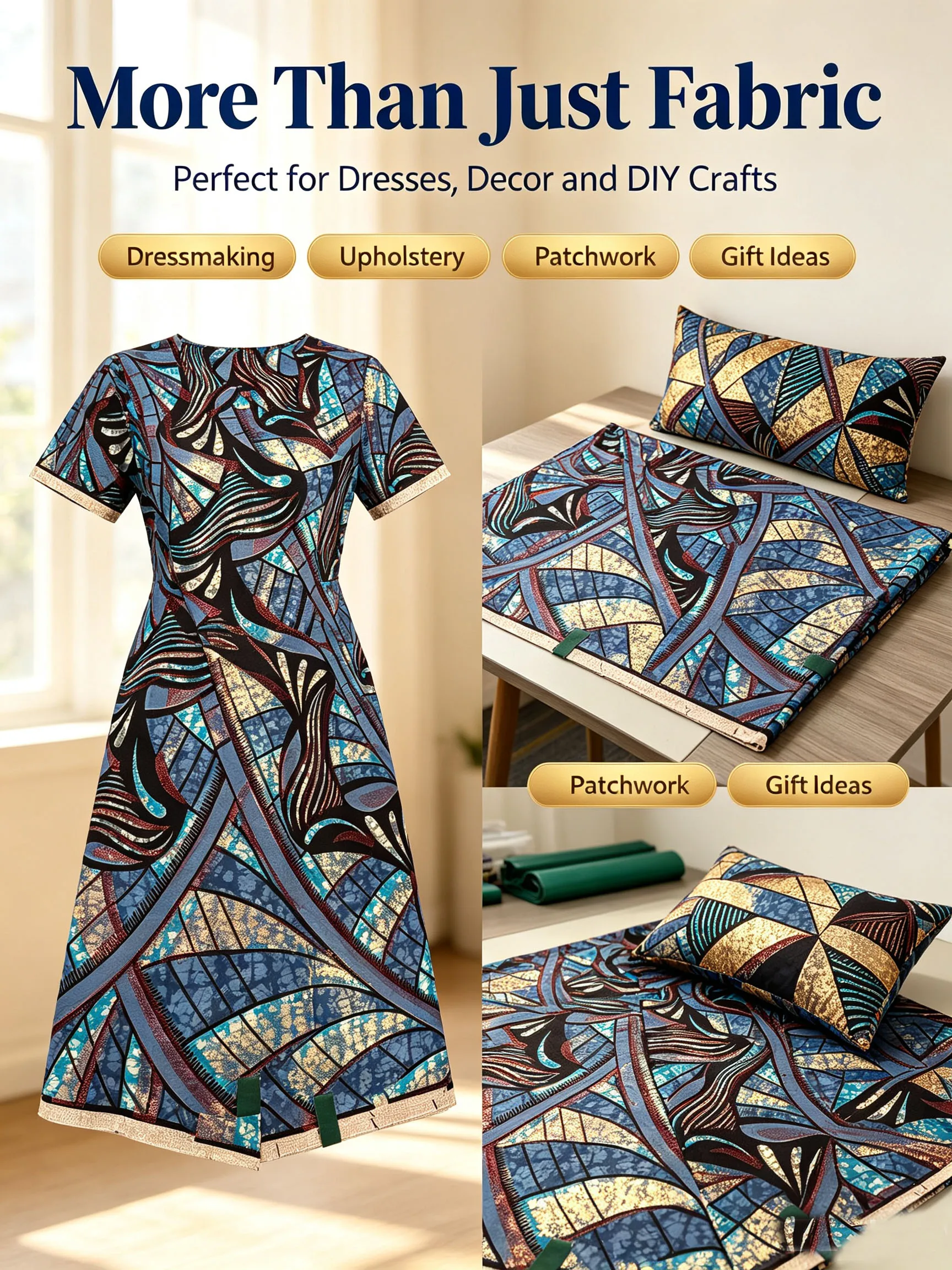 Luxury Golden Glitter African Ankara Wax Fabric 100% Cotton Blue Geometric Print Pagne Hollandais Batik Cloth For Women Dress Se view 5