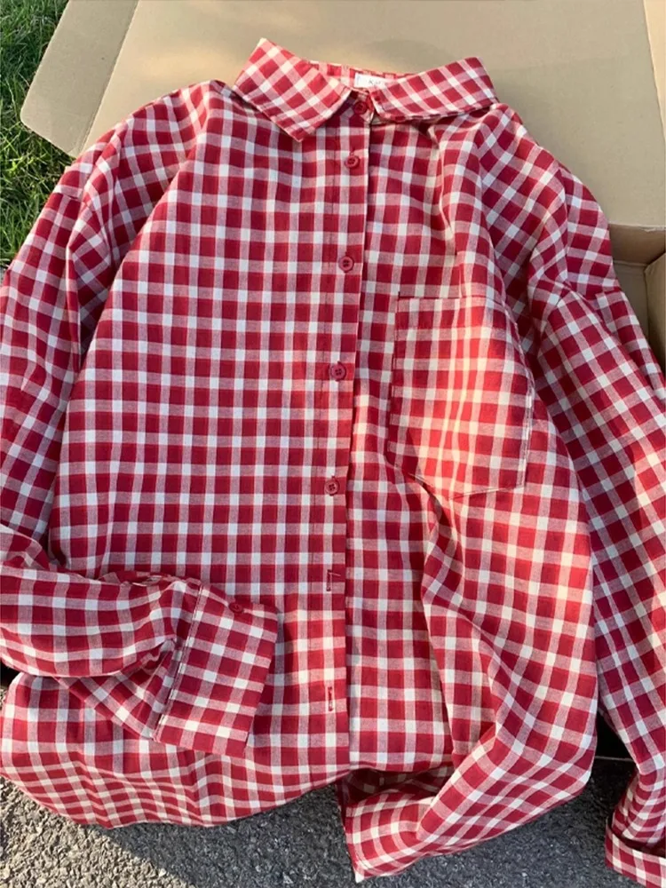 レトロアメリカンレッドチェック柄長袖シャツ女性の夏の怠惰なスタイルルーズ日焼け止めコート通気性ポリエステル綿混紡