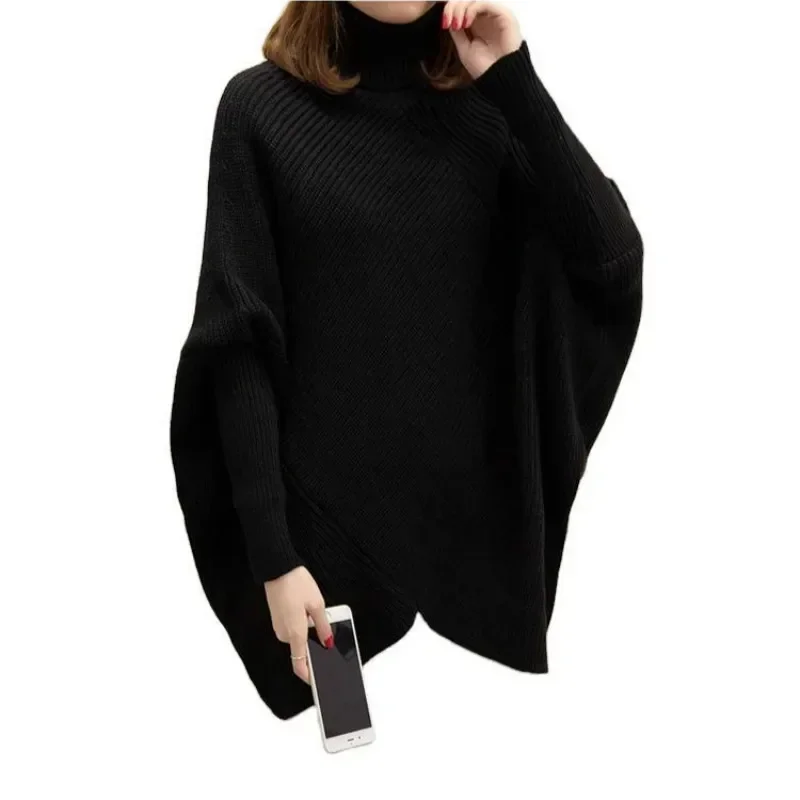 TPJB New Women Autumn Winter Burgundy Oversized Turtleneck Pullover Sweater Batwing Sleeve Knitted Jumpers Irregular Length