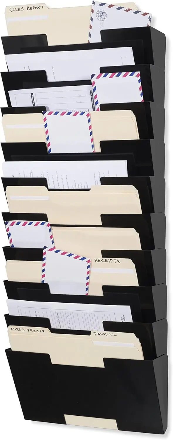 

10-Tier Wall Mounted File Holder and Desk Organizer, Metal Black Office Storage Rack for Efficient Organization