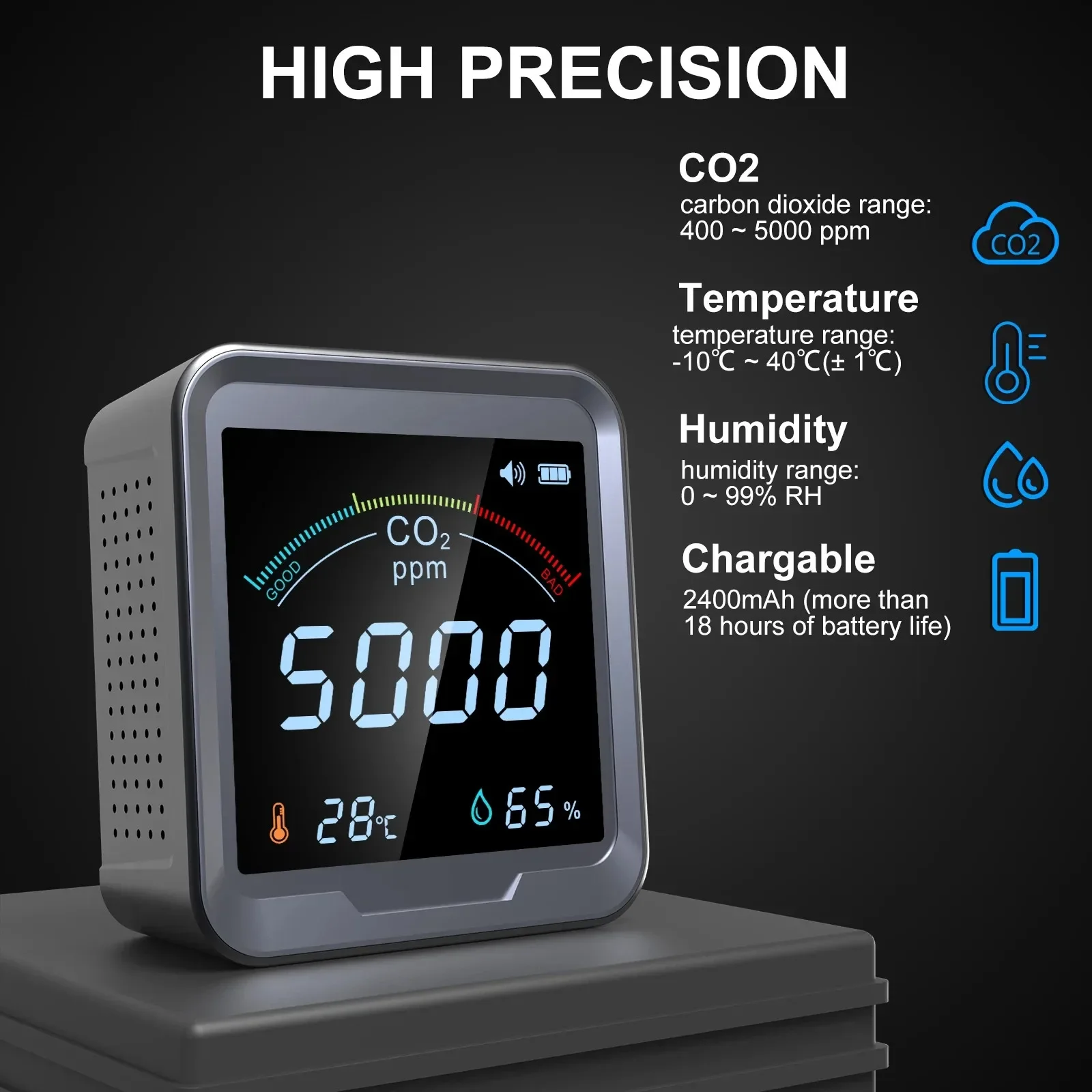 Imagem -04 - Detector de Co2 Interior com Detecção de Temperatura e Umidade Monitor de Qualidade do ar Ndir Infravermelho Medidor de Dióxido de Carbono Co2 Meter 3in 1