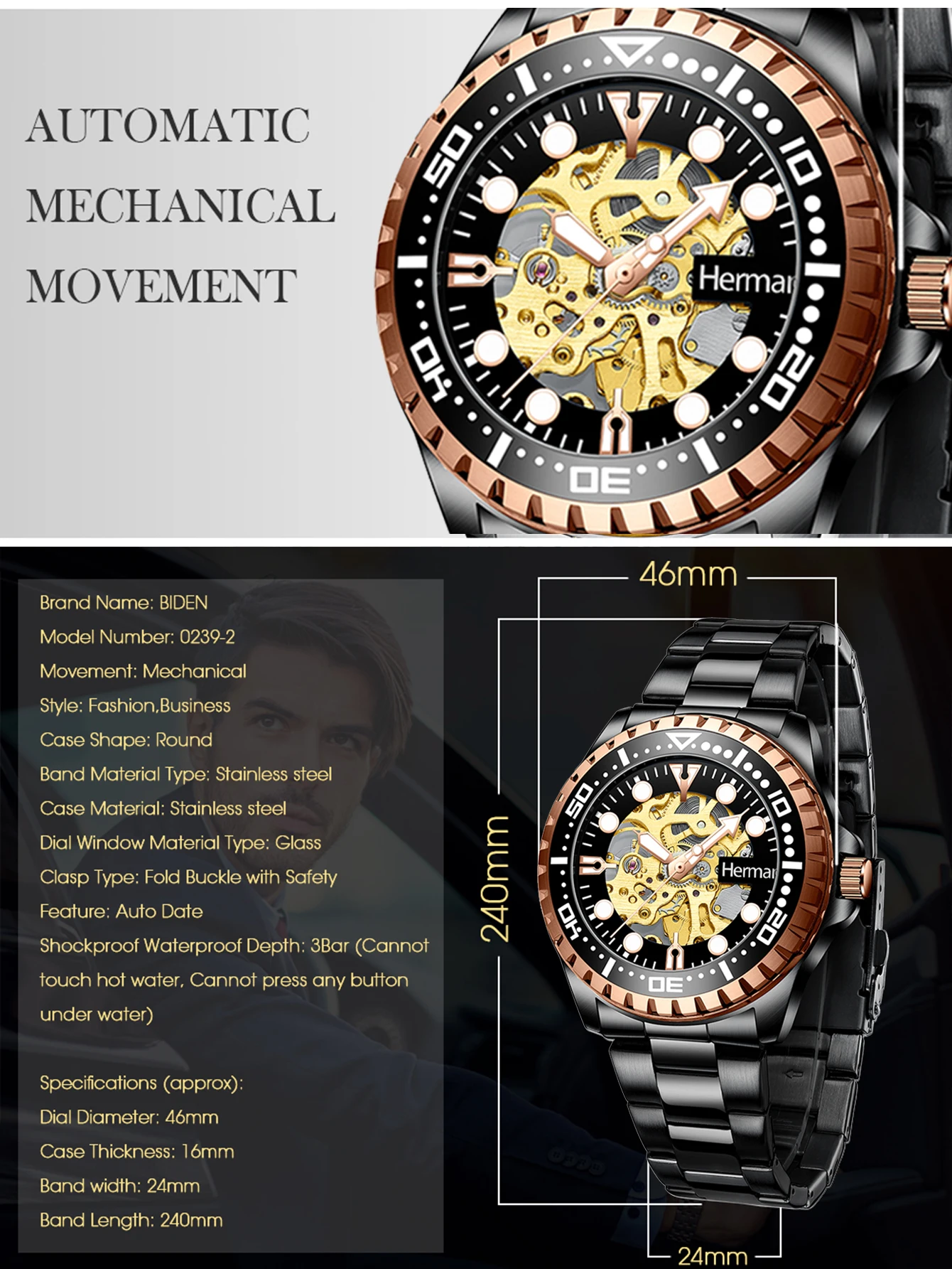 BIDEN-Montre mécanique étanche pour homme, bracelet en acier inoxydable, horloge de style professionnel, veilleuse de précision, marque de luxe