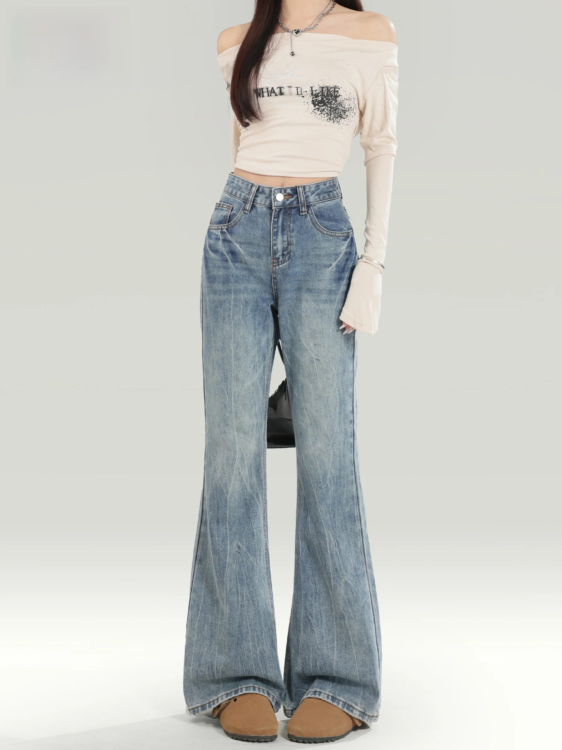 

Retro American High Waist Bell Bottom Jeans Women's Early Spring New Design Washed Faded Floor Length Bell Pants