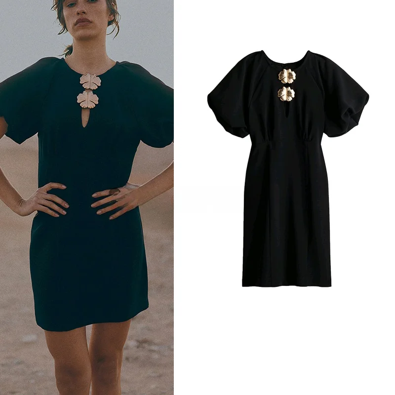 Frühling Sommer Neue Damen runde Ne Lantern Sve Floral verziert Dr Hohe Taille A-Linie Bubble Sve ort Sve Dr