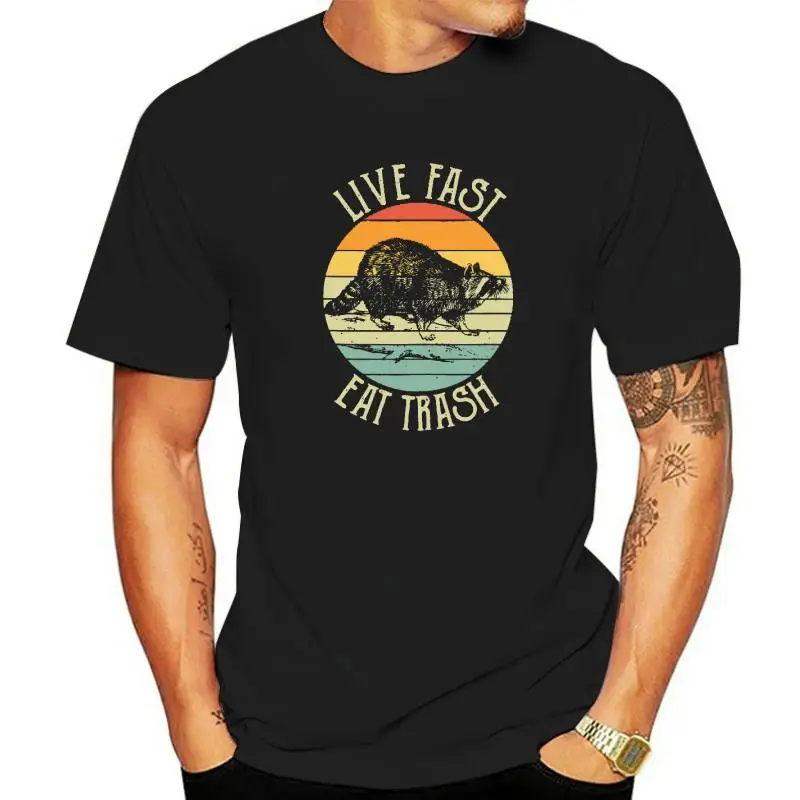 Live Fast Eat Trash Funny Raccoon Retro Sunset Nature Lovers Camisas Hombre Top T-Shirts Design Retro Cotton Tees Casual For Men